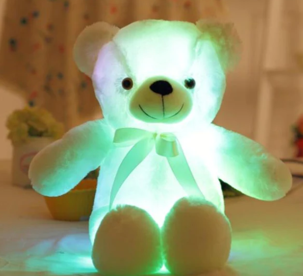 Urso de Pelúcia Branco com Fita, de 30cm com Luz LED Colorida - Brinquedo de Pelúcia Luminosa para Presente de Aniversário