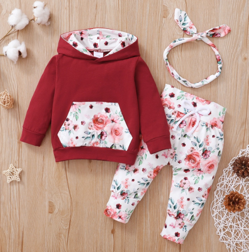 Conjunto de moletom e calça de manga comprida com capuz e estampa floral de algodão conjunto de três peças bebê recém-nascido (vermelho, 6 a 9 meses)