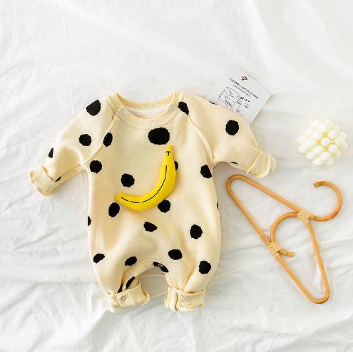 Macaquinho de manga comprida com estampa de bolinhas e estampa fofa para bebês recém-nascidos